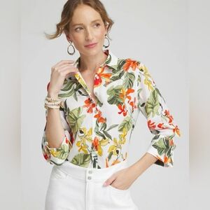 Chico's No Iron Linen Orchid Print 3/4 Sleeve Button Up Shirt Women's Sz 3 (16)